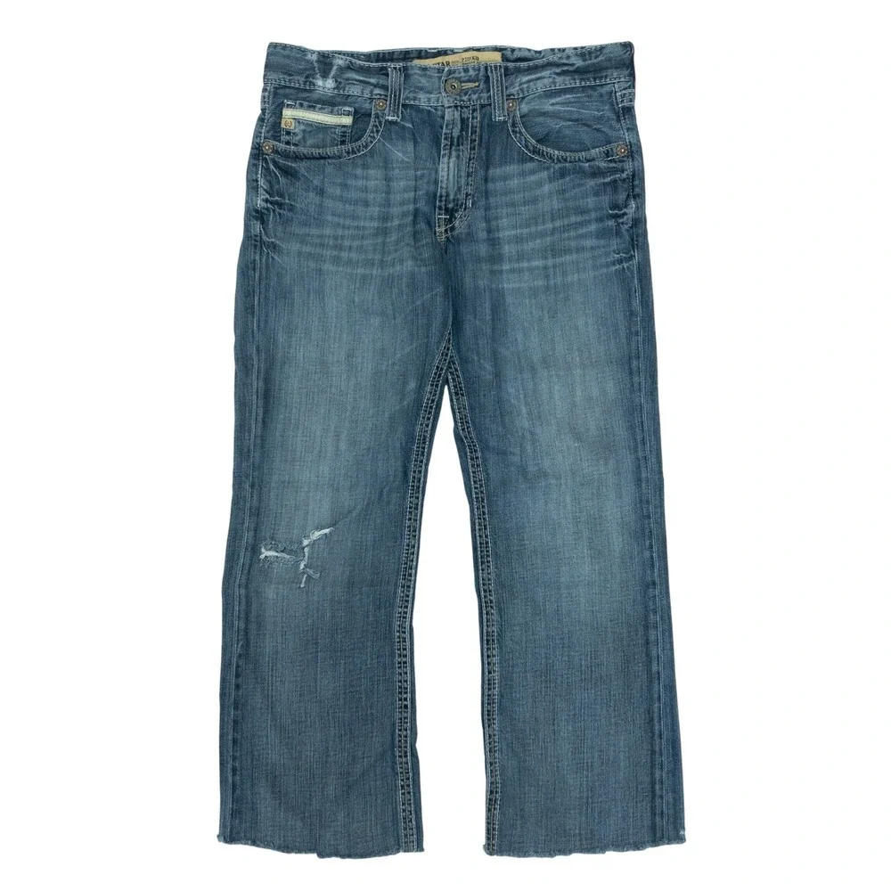 Big Star Pioneer Jeans Mens 33R Blue Distressed Boot Cut Raw Hem Buckle